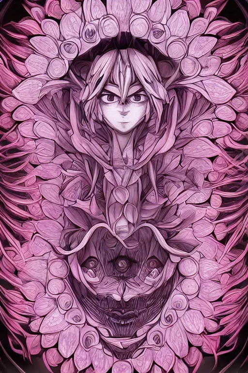 Prompt: a humanoid flower monster, symmetrical, digital art, sharp focus, trending on art station, anime