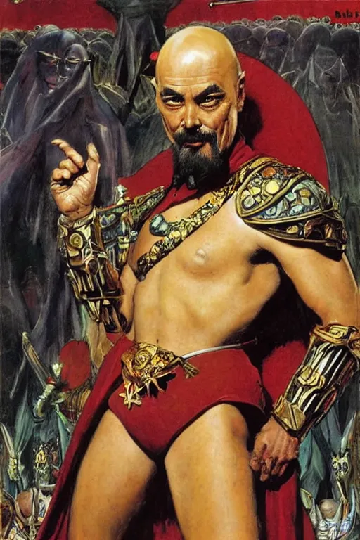 Image similar to ming the merciless, painted by jack kirby, lawrence alma tadema, norman rockwell, greg staples, wayne barlow, neville page