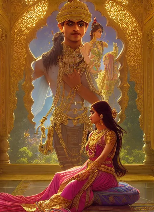 Image similar to an indian prince and princess in a palace, shiny, fantasy, intricate, elegant, hyper detailed, ultra definition, photoreal, artstation, unreal engine rendered, concept art, smooth, sharp focus, illustration, art by artgerm and greg rutkowski and alphonse mucha and garis edelweiss