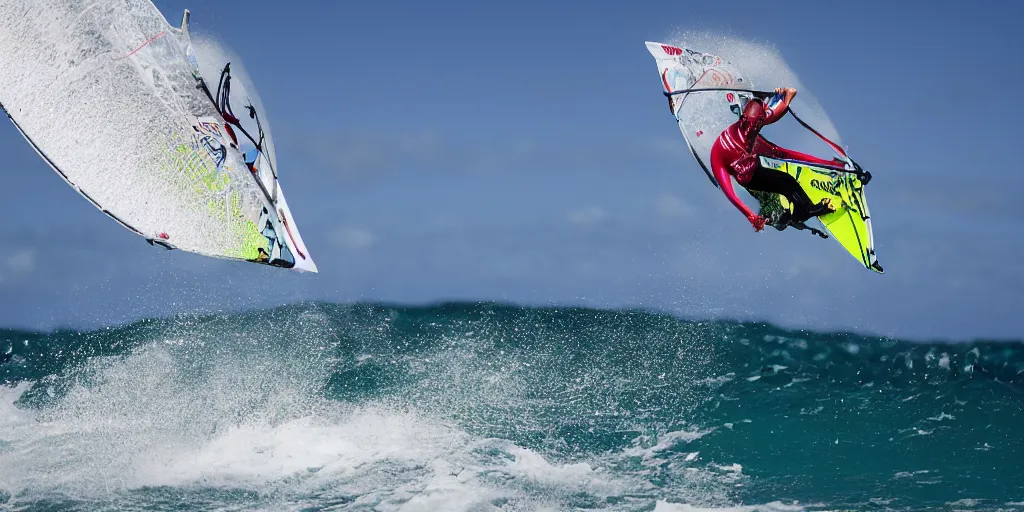 Prompt: kristoffer egeberg windsurfing in hawaii, extreme closeup