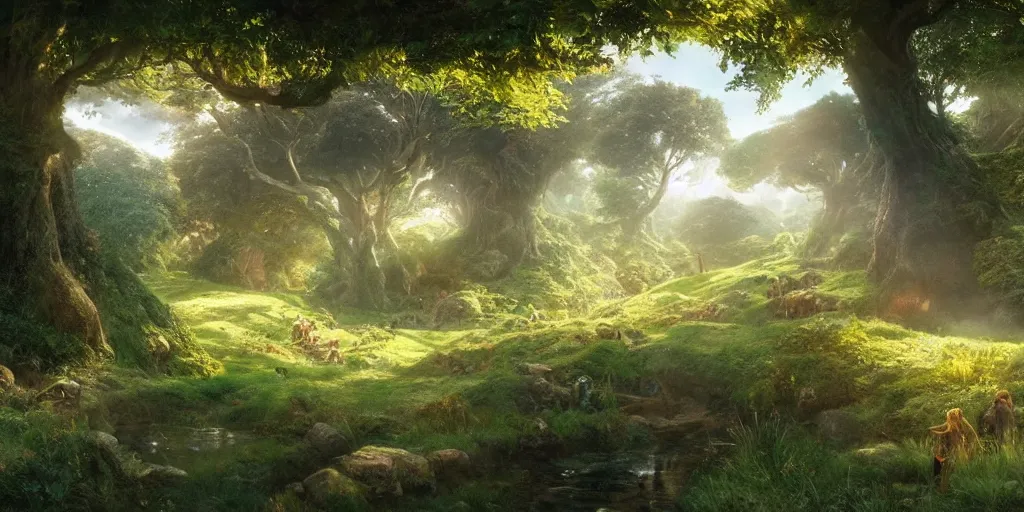 Image similar to lush and beautiful concept art for the shire, lord of the rings, peter jackson, studio ghibli, detailed, realistic lighting, volumetric lighting, golden hour,