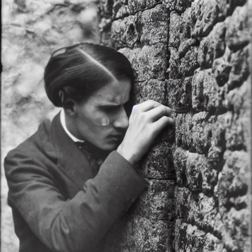 Image similar to An extremely terrified young man with long hair in 1930s attire cornered with his back against a stone wall. Scared look, panic, horror