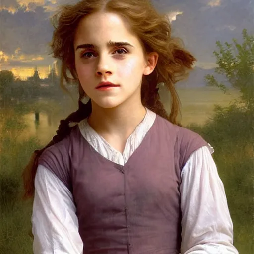 Prompt: painting. [ young ] emma watson as hermione granger 2 0 0 4. prisoner of azkaban. cheerful. happy. art by william adolphe bouguereau. during golden hour. extremely detailed. beautiful. 4 k. award winning.