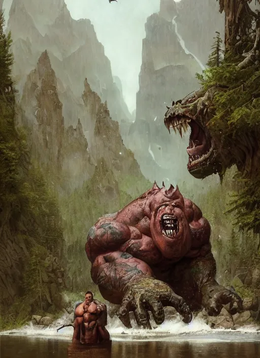 Image similar to huge hulking brute swamp demon king like martyn ford and rich piana standing by river canadian rockies midday by sergey kolesov and lawrence alma tadema and norman rockwell and greg staples and craig mullins and john berkey and ruan jia, artstation creature art