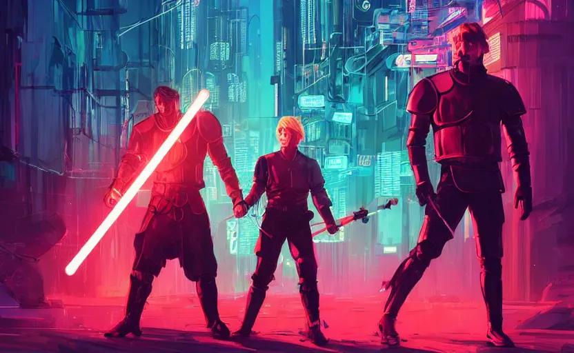 Image similar to jaime lannister and brienne of tarth fight a thousand neon zombies with lightsabers, cyberpunk art by james gilleard, cgsociety, retrofuturism, synthwave, retrowave, outrun