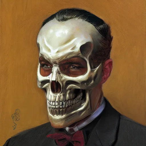 Prompt: frontal portrait of a dapper man with a skull mask, by donato giancola.