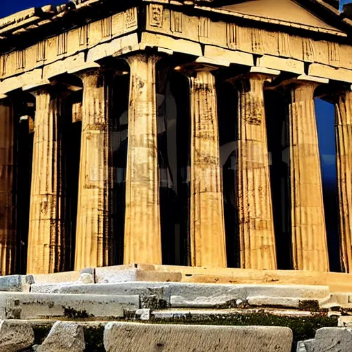 Image similar to beautiful greek temple made of black marble with gold trim, award winning photograph at sunrise