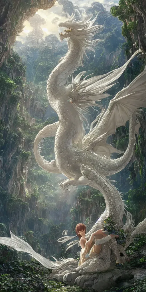 Prompt: the beautiful hyper detailed scene render that a beautiful girl lies in the arms of a huge silver white dragon alone in the fairyland surrounded by white clouds, finely detailed angelic face delicate features, style of studio ghibli, makoto shinkai, raphael lacoste, louis comfort tiffany, artgerm, james jean, ross tran, animation style, hd, ultra wide angle