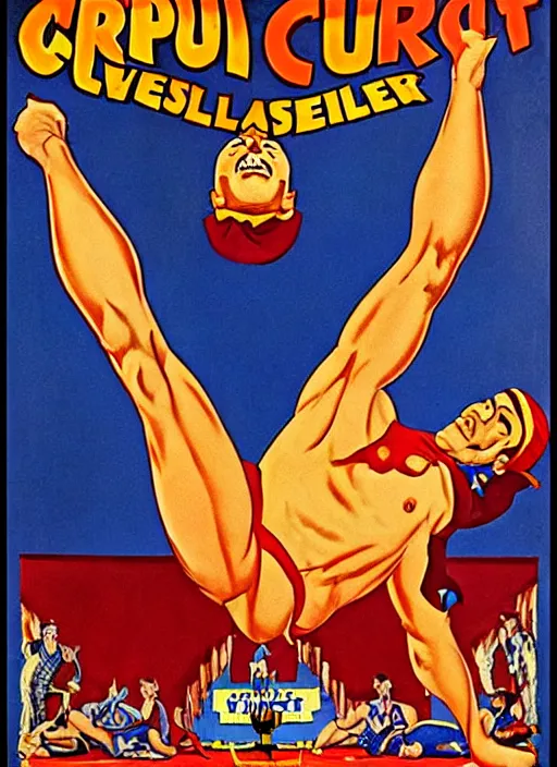 Image similar to poster for circus wrestler. portrait by clyde caldwell and jean giraud and anton otto fischer and john philip falter and will eisner and gil elvgren