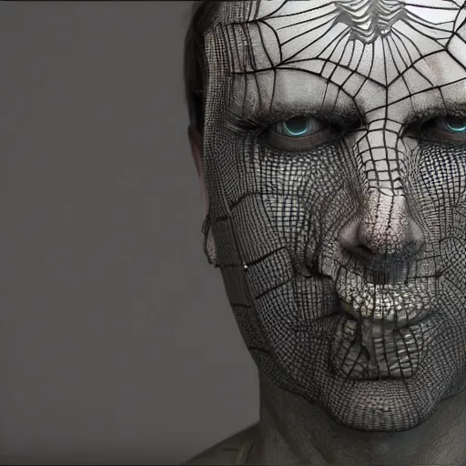 Image similar to hr giger and beeple and artgerm 3 d render of a man with fractal spiderwebs all over his face, detailed, reflections, realistic, unreal engine, cgsociety