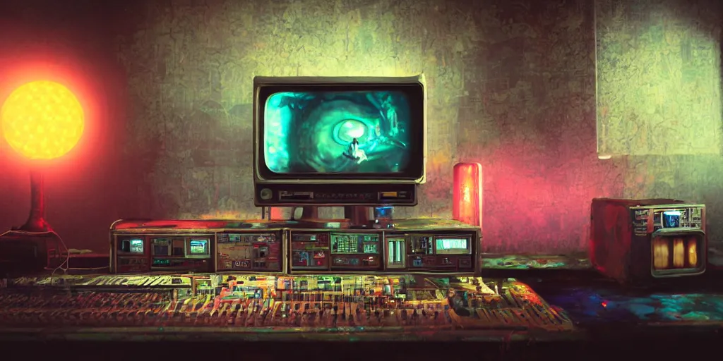 Prompt: A realistic painting of a vintage CRT computer, with a psychedelic mushroom on the screen, in a post apocalyptic recording studio, unreal 5, DAZ, hyperrealistic, octane render, RPG portrait, dynamic lighting,