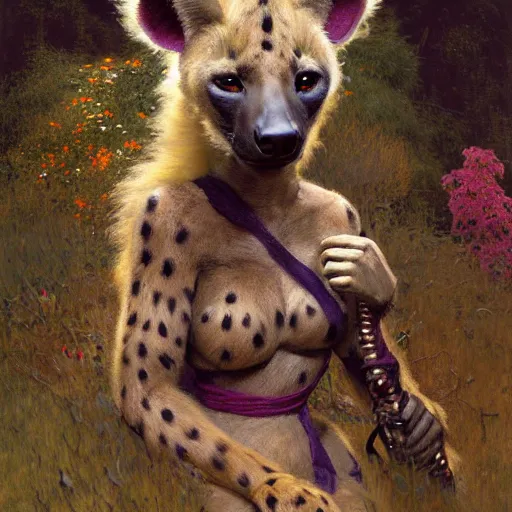 Image similar to a female hyena hyenawoman canine in robes alone in a dark forest. night zootopia fursona furaffinity furry art detailed face painting by gaston bussiere craig mullins jc leyendecker gustav klimt artgerm greg rutkowski furry