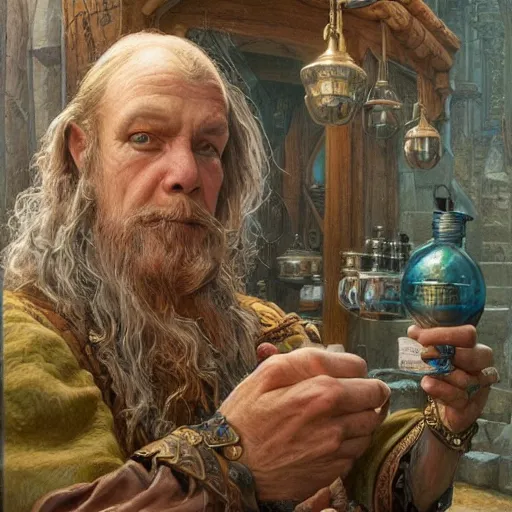 Image similar to The potion seller offers you his strongest of potions, D&D fantasy, portrait art by Donato Giancola and James Gurney, digital art, trending on artstation