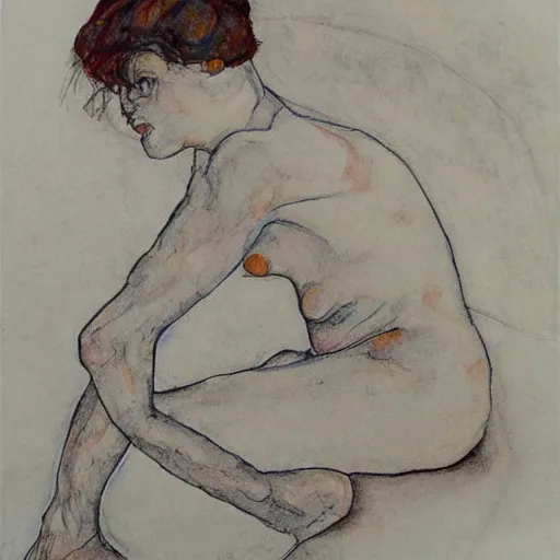 Prompt: pencil, ink and colour wash life drawing of reclining female, in the style of egon schiele