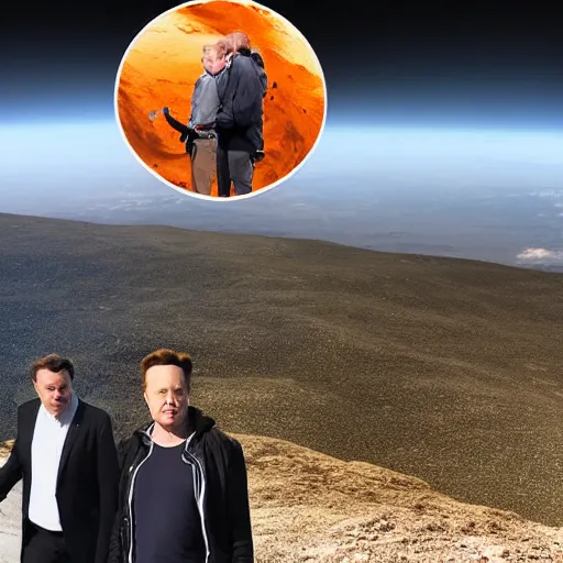 Prompt: elon musk and donald tusk hiking on milky way nebula