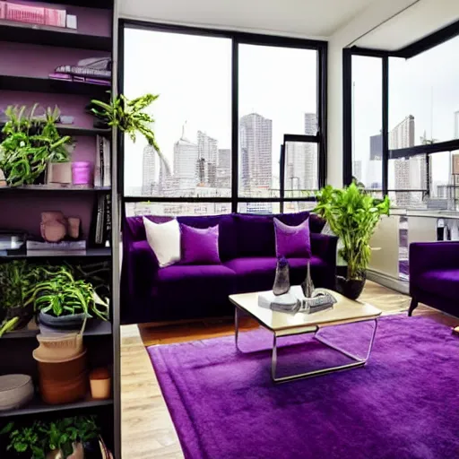 Prompt: award winning interior design city apartment, cozy, fabrics and textiles, deep purple accent color, book shelf, couch, desk, balcony door, plants, photograph magazine, wide angle