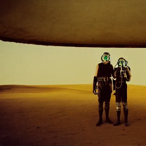 Prompt: two people wearing gasmasks, tubes, in desert, industrial, dystopian, arriflex 35