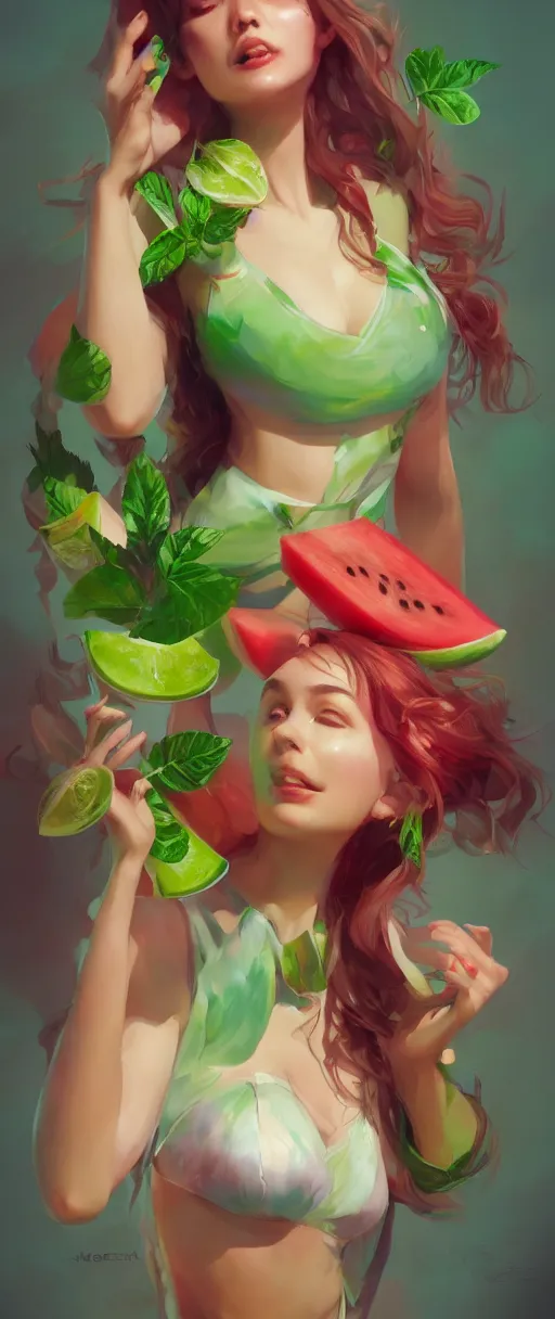 Image similar to 🍉🍒🥝🥬🥒🍑, joyful vibe and lighting, cgsociety, artstation, in the style of artgerm