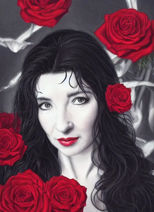 Prompt: portrait of kate bush against a red velvet background, lush black hair, pale skin, white roses, flowing material, intricate, beautiful cinematic lighting, stuning painting by artgerm and caravaggio and android jones