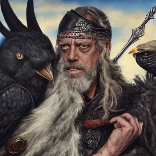 Prompt: hugh laurie as odin, wearing an leather eyepatch, two ravens in the background, very detailed painting by Glenn Fabry