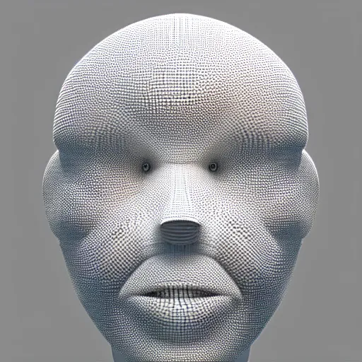 Prompt: a 3 d render of a white robot head structure made of hundreds of tiny white spheres, highly detailed, vfx, plain white background, trending on artstation