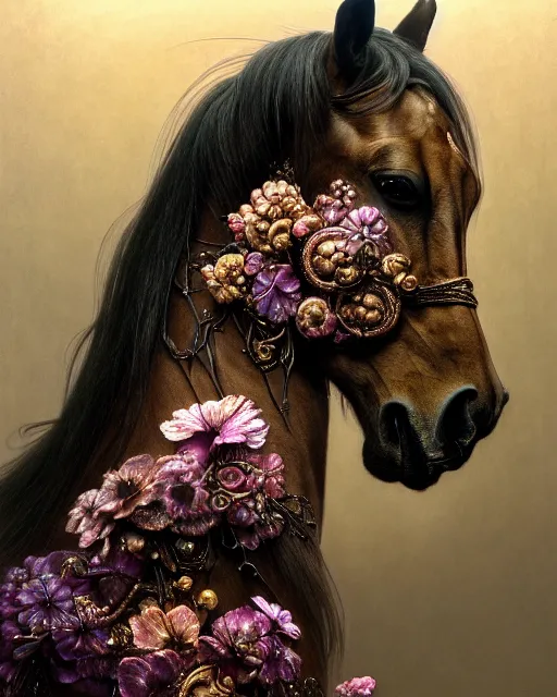 Image similar to side portrait of the horse of iridescent decay, uniquely beautiful animal, with flowers and plants, emotionally evoking symbolic metaphors, in focus, heavily gothic ornamental, intricate, elegant, highly detailed photorealistic digital painting, artstation, concept art, painterly, golden ratio, sharp focus, illustration, art by greg rutkowski and alphonse mucha,