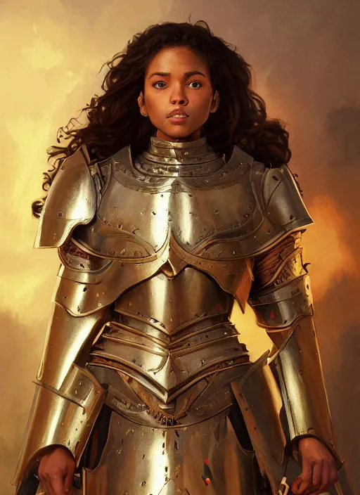 Image similar to medium - length portrait of a female paladin wreathed in holy light with short curly hair and brown eyes, dark brown skin, happy expression, wears a combination of plate armor and boiled leather, medieval setting, highly detailed, digital painting, artstation, concept art, sharp focus, illustration, art by greg rutkowski and alphonse mucha