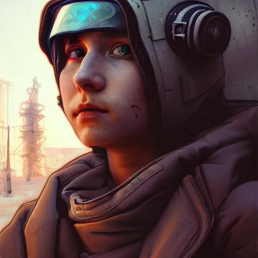 Prompt: A portrait of a cyberpunk gopnik teenager on the street of a Soviet slum on the moon, Norilsk, sci-fi, fantasy, intricate, very very beautiful, elegant, highly detailed, digital painting, artstation, concept art, smooth, sharp focus, illustration, art by artgerm and greg rutkowski and alphonse mucha