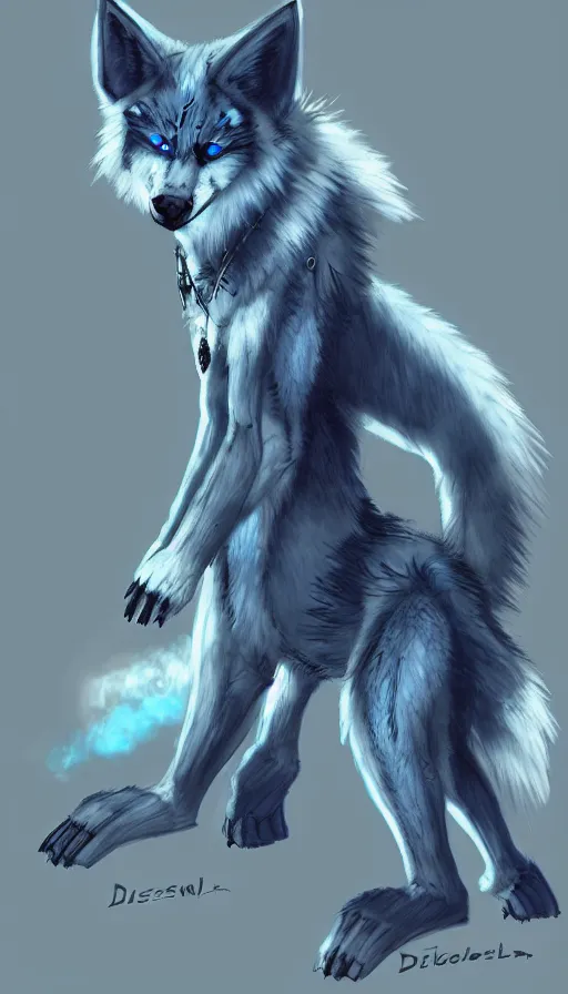 Image similar to dieselpunk furry blue wolf with fuzzy tail, concept art, dramatic, fantasy, pixiv