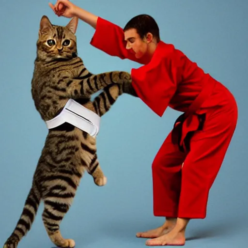 Prompt: realistic photo of a humanoid cat wearing a karate uniform in fighting pose