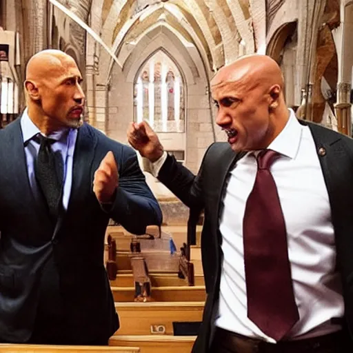 Prompt: dwayne johnson fighting against recep tayyip erdoğan in a church of hell