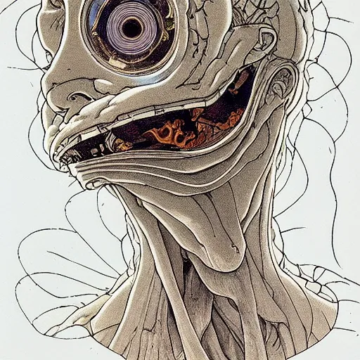 Prompt: prompt: Fragile looking vessel portrait face drawn by Katsuhiro Otomo, inspired by Necronomicon, magical and alchemical objects on the side, soft light, white background, intricate detail, intricate ink painting detail, sharp high detail, manga and anime 2000
