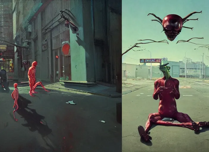 Prompt: a still from gta by francis bacon, surreal, norman rockwell and james jean, greg hildebrandt, triadic color scheme, by greg rutkowski, in the style of francis bacon and edward hopper and beksinski, dark surrealism, grand theft auto video game, a still from the film alien