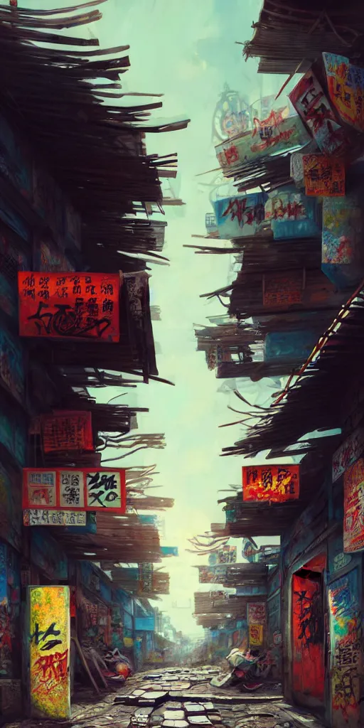 Prompt: an intricate concept art of an asian street with makeshift shacks and graffiti, ultra realistic, hyper detail, style by feng zhu and artgerm, trending on artstation, cgsociety, 8 k, octane render, high contrast, 3 d render, cgi, cinematic lighting