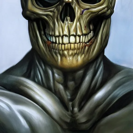 Image similar to ultra realistic portrait painting of skeletor as the terminator, art by frank frazetta, 4 k, ultra realistic, highly detailed, epic lighting