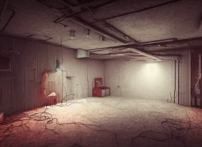 Image similar to rgb wires, basement, cinematic, movie scene, inspired by zdzislaw beksinski, veins,, cables everywhere, bedroom, ultra realistic, concept art, intricate details, highly detailed, photorealistic, octane render, 8 k