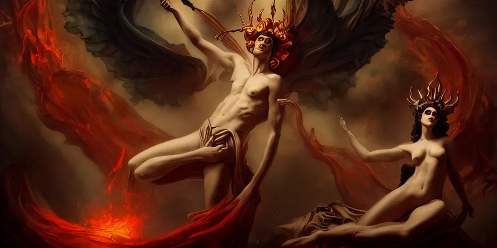 Image similar to Hades the God of the Underworld, by Rolf Armstrong and Evelyn De Morgan and Bastien Lecouffe-Deharme, dramatic lighting, high contrast colors, baroque, empyrean, panoramic view, as trending on Artstation, highly detailed, doom engine,