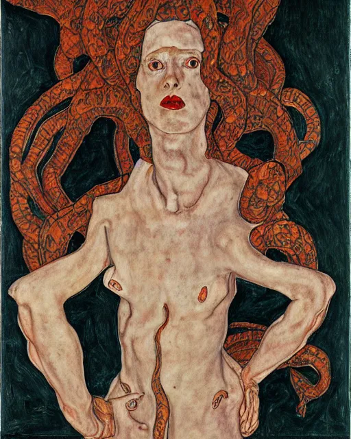 Image similar to portrait of a strong medusa with many pythons by egon schiele in the style of greg rutkowski