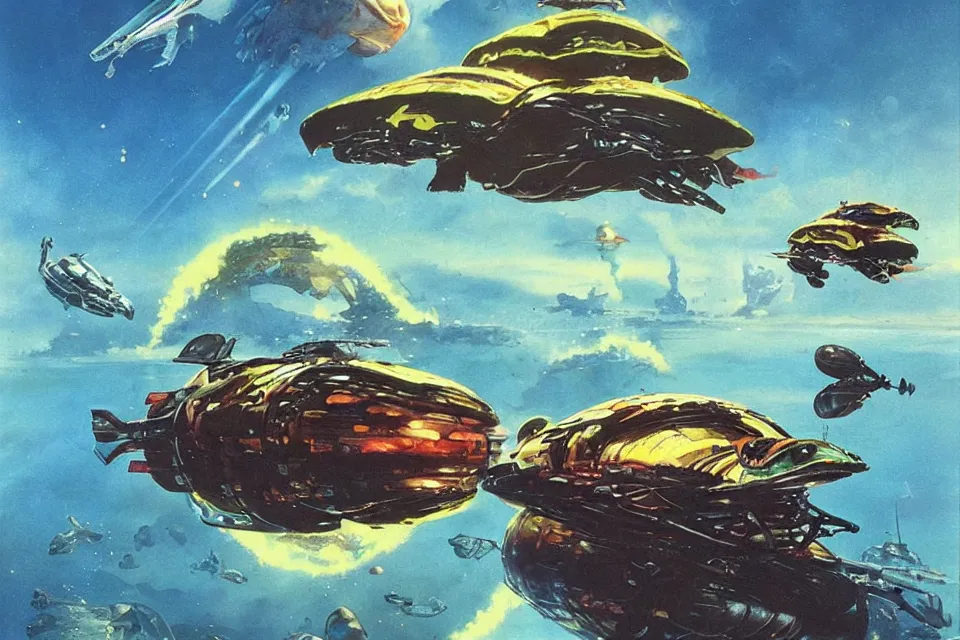 Image similar to an epic chris foss painting of a turtle spaceship and a carp spaceship.