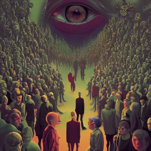 Image similar to poster artwork by Michael Whelan and Tomer Hanuka, Karol Bak of collective satori in a huge crowd, visual representation of collective consciousness, from scene from Twin Peaks, clean, simple illustration, nostalgic, domestic, full of details