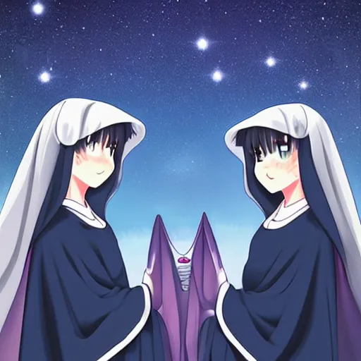 Image similar to two identical beautiful female nuns under clear night sky, beautiful anime art