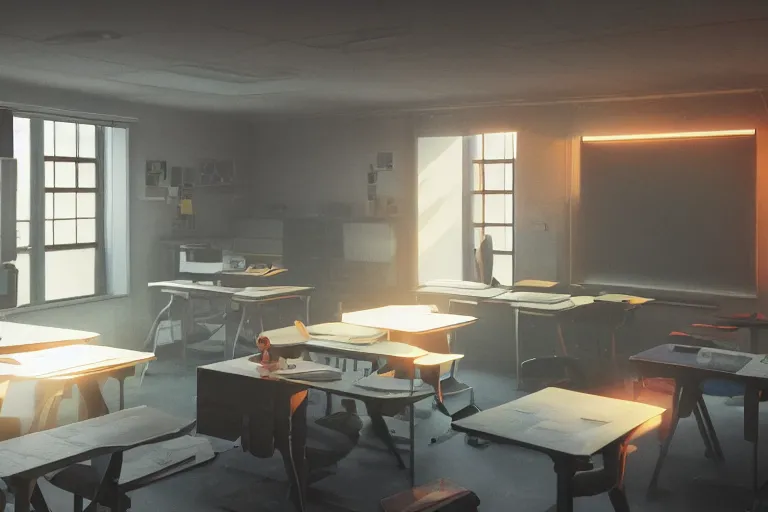 Prompt: a classroom, trending on artstation, bright light, mixed media, octane rendering