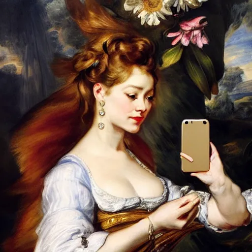 Image similar to heavenly summer sharp land sphere scallop well dressed lady taking a selfie with her iphone auslese, by peter paul rubens and eugene delacroix and karol bak, hyperrealism, digital illustration, fauvist, iphone