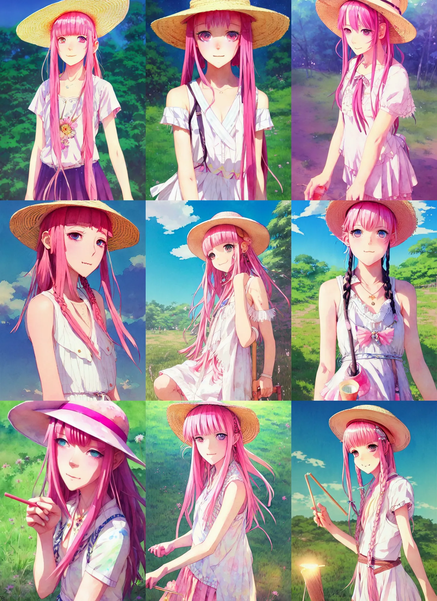 Prompt: portrait of a cute girl with pink hair with straw hat dress in boho style camping, symmetry face, top lighting, cute - fine - face, ( watercolor ), light novel cover art, art by hidari and krenz cushart and wenjun lin and starember and kuvshinov ilya and kidmo and rossdraws and artgerm