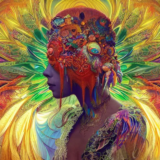 Image similar to A reality bending psychedelic ayahuasca experience, colorful, distorted, surreal, tropical bird feathers, dramatic lighting on the face, intricate, elegant, highly detailed, digital painting, concept art, smooth, sharp focus, illustration, art by Krenz Cushart and Wayne Barlowe and alphonse mucha