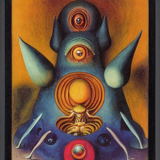 Image similar to a new small cute creature from space cosmic multiple eyes a bit weird cosmic with an intriguing wonderful machine beside him, tarot card, beautiful frames, Leonora Carrington moebius Hieronymus Bosch Max Ernst dali Zdzisaw Beksiñski Roland Topor Henryk Plociennik