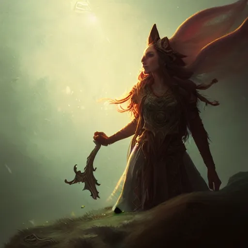 Image similar to Bard, female, fantasy, arcane glow, holy runes, dramatic, intricate, fox ears, elegant, highly detailed, digital painting, artstation, concept art, smooth, sharp focus, illustration, octane render, art by Leesha Hannigan, Ross Tran, Thierry Doizon, Kai Carpenter, Ignacio Fernández Ríos