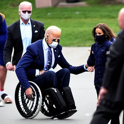 Image similar to joe biden falling off his wheelchair, award winning photo