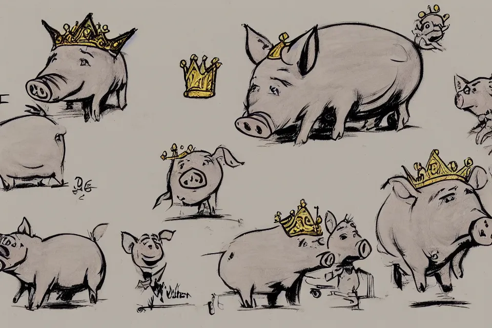 Image similar to concept sketches of a pig wearing a gold crown by Bill Watterson, in the style of 1970s cartoons