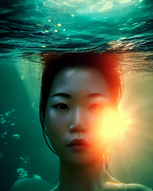 Prompt: portrait of asian woman underwater during sunrise, sunrays, aquaman aesthetic, caustics, rippling water, photoshoot, flowing hair, haunting!, iconic, fine-art, masterpiece!!!, cinematic, trending on artstation, atmospheric